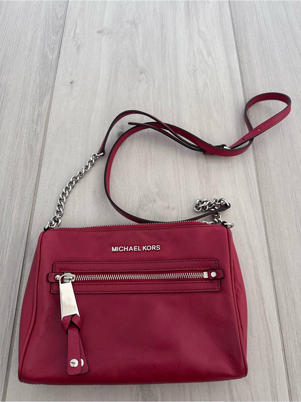 Michael Kors Cherry Red Leather Crossbody with Chain Strap